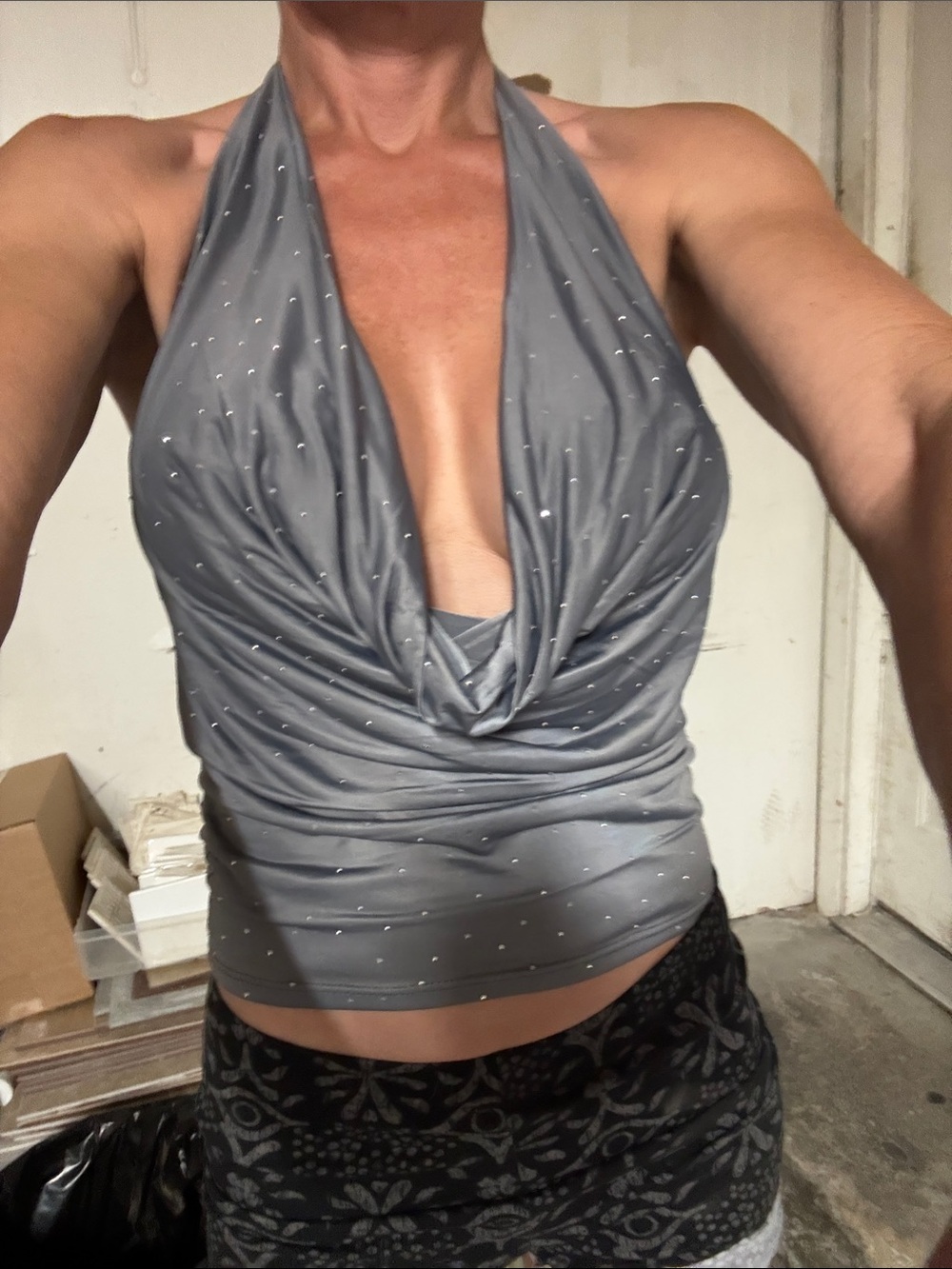 Halter Cowl Neck Rhinestone Women's Top - Gray